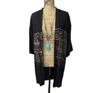T Party Boutique Boho Hippie Oversized Kimono Black with Tan Variegated Stripes